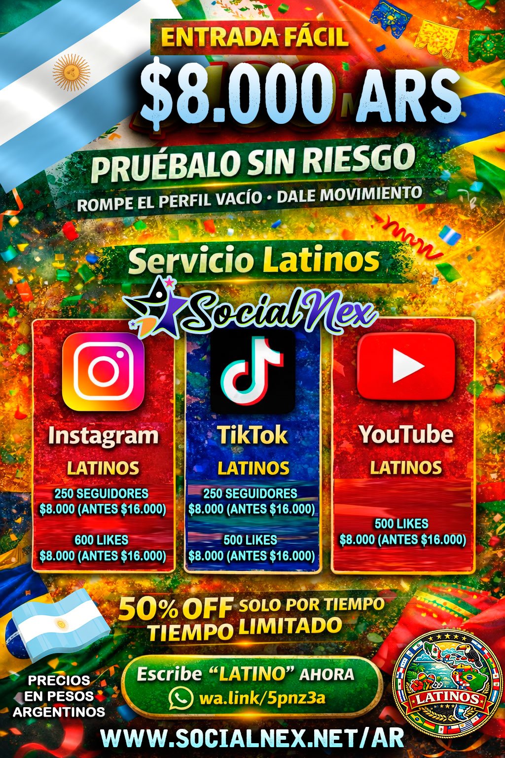 Packs Latinos SocialNex — Desde $8.000 ARS